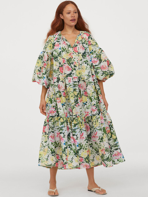 

H&M Women Multicoloured Flora Print Balloon-Sleeved Cotton Dress, Multi