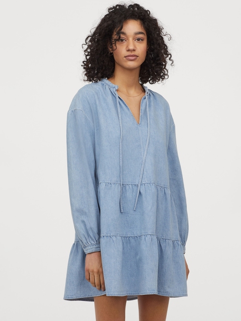 

H&M Women Blue Solid A-line Denim Dress