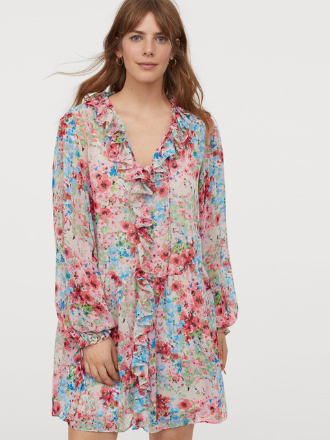 

H&M Women Multicoloured Floral Print Short Flounced Sustainable Dress, Multi
