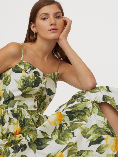 

H&M Women Multicolored Floral Print Linen-Blend Sustainable Dress, Multi
