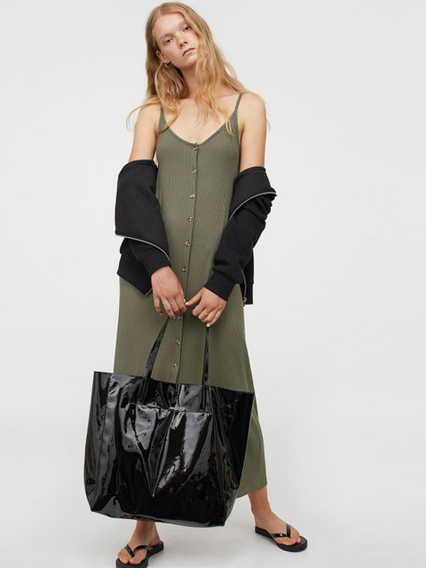 

H&M Women Olive Green Button-Front Ribbed Dress