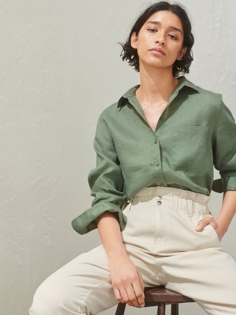 

H&M Women Green Solid Linen Shirt