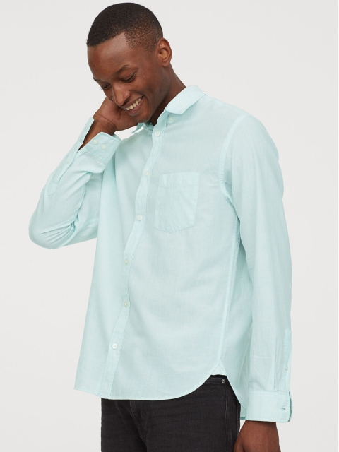 

H&M Men Sea Green Solid Cotton Shirt Regular Fit