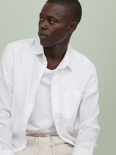 

H&M Men White Solid Linen-Blend Shirt Slim Fit