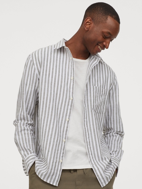 

H&M Men White & Green Striped Linen-Blend Shirt