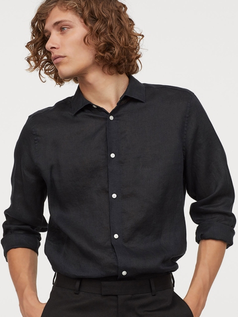

H&M Men Black Solid Linen Shirt Slim Fit
