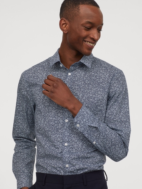 

H&M Men Blue & White Printed Easy-Iron Shirt Slim Fit