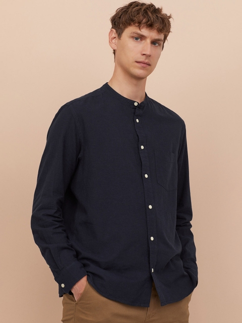 

H&M Men Navy Blue Solid Linen-Blend Shirt Regular Fit