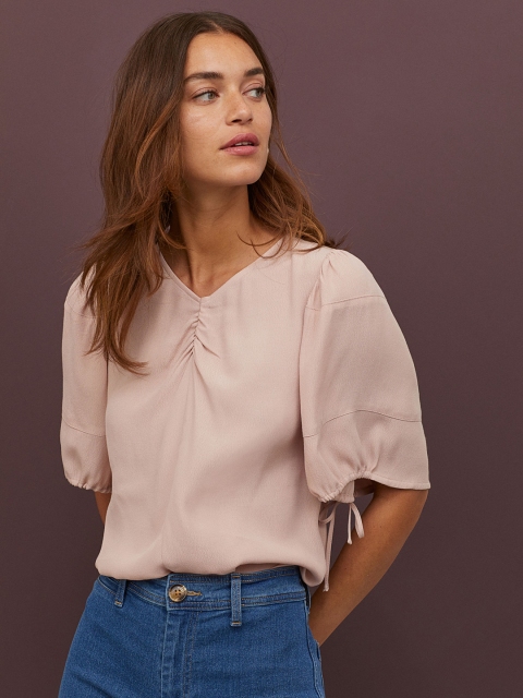 

H&M Women Pink Solid Puff-Sleeved Blouse