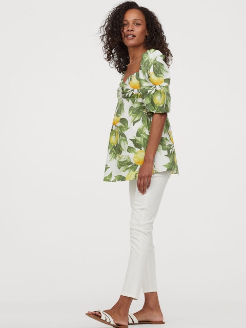 

H&M Women Green & White Floral Printed MAMA Puff-Sleeved Blouse