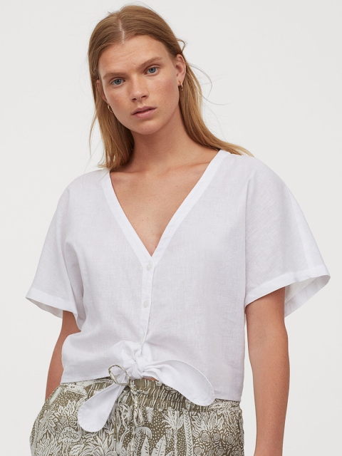 

H&M Women White Solid Linen-Blend Tie-Hem Blouse