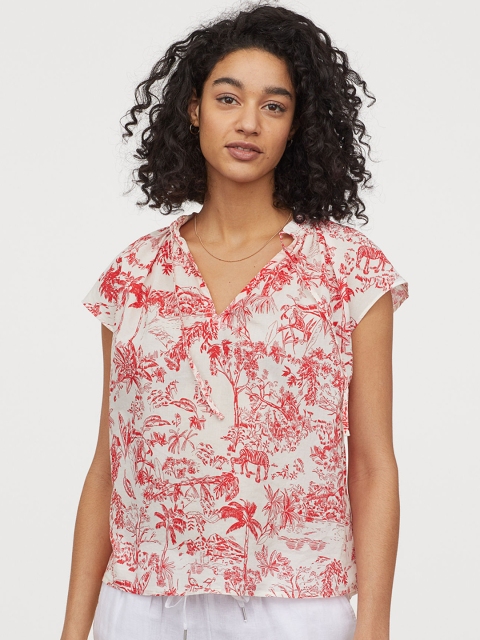 

H&M Women Red & White Floral Printed Tie-Collar Cotton Blouse