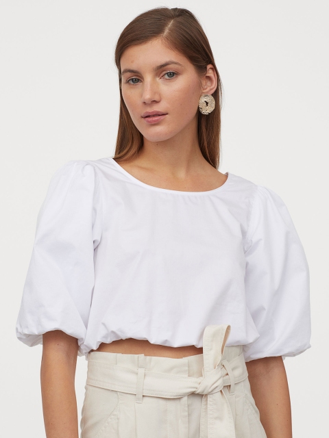 

H&M Women White Solid Puff-Sleeved Cotton Crop Blouse