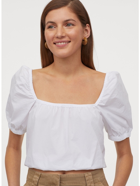 

H&M Women White Solid Short Crop Pure Cotton Top