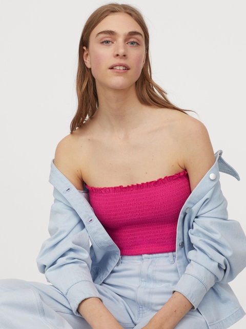 

H&M Women Pink Solid Smocked Tube Top