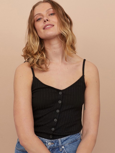

H&M Women Black Solid Ribbed Strappy Top
