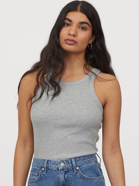 

H&M Women Grey Solid Ribbed Vest Top