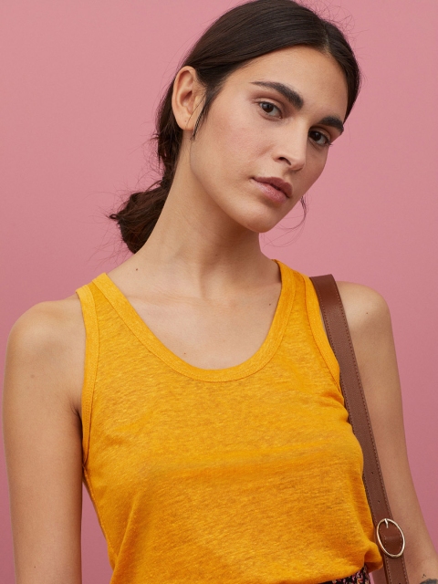 

H&M Women Yellow Solid Linen Jersey Vest Top