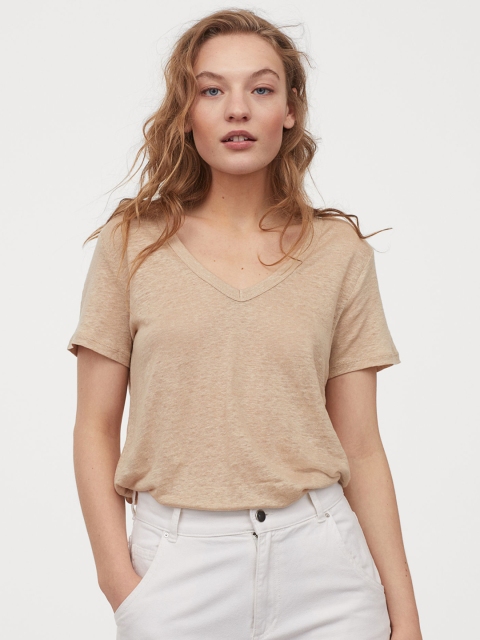 

H&M Women Beige Solid Linen Jersey Top