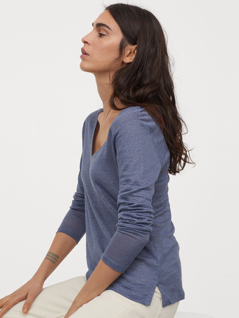 

H&M Women Blue Solid Linen Jersey Top