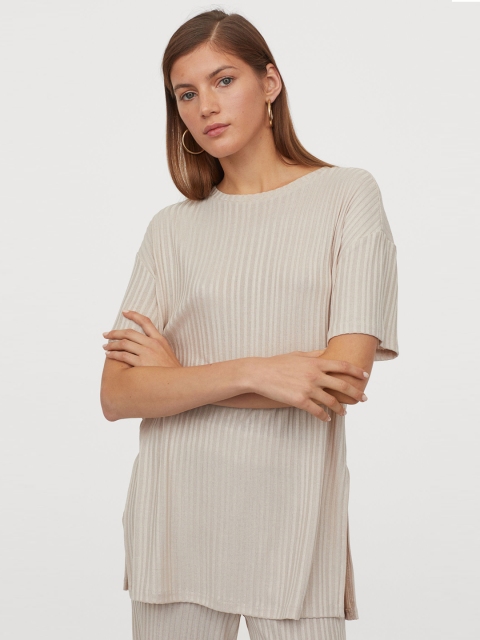 

H&M Women Beige Solid Rib-Knit Longline Top