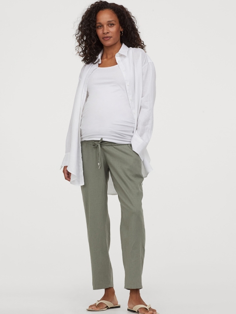 

H&M Women Green Solid MAMA Linen-Blend Trousers