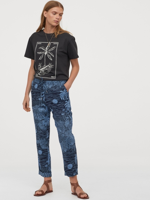 

H&M Women Blue Printed Pull-On Linen Trousers