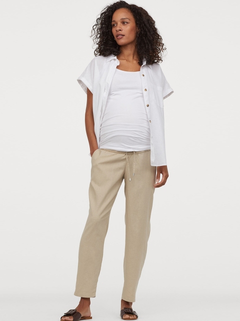 

H&M MAMA Beige Solid Linen-Blend Trousers