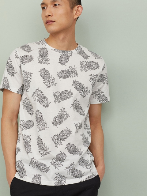 

HM Men White Black Printed Cotton Pure Cotton T-shirt