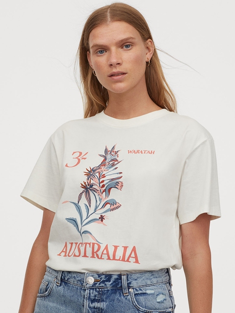 

H&M Women Off White Printed Cotton T-shirt