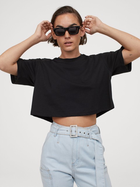

H&M Women Black Solid Cropped T-shirt