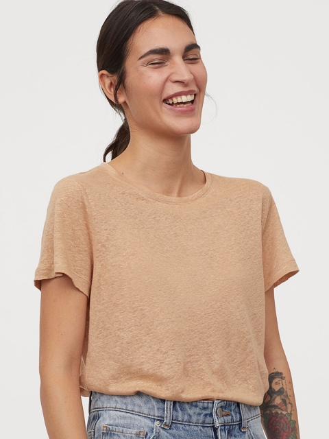 

H&M Women Beige Solid Linen T-Shirt