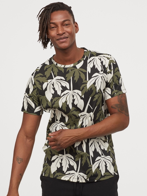 

H&M Men Black & Green Printed Cotton T-Shirt