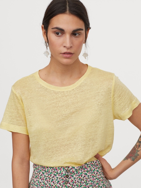 

H&M Women Yellow Solid Linen T-Shirt