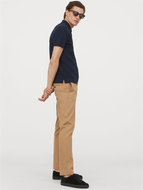 

H&M Men Navy Blue Solid Premium Cotton Polo T-Shirt
