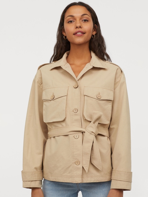 

H&M Women Beige Solid Tie-Belt Utility jacket