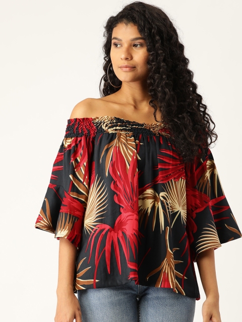 

Moda Rapido Women Navy & Red Printed Bardot Top, Navy blue