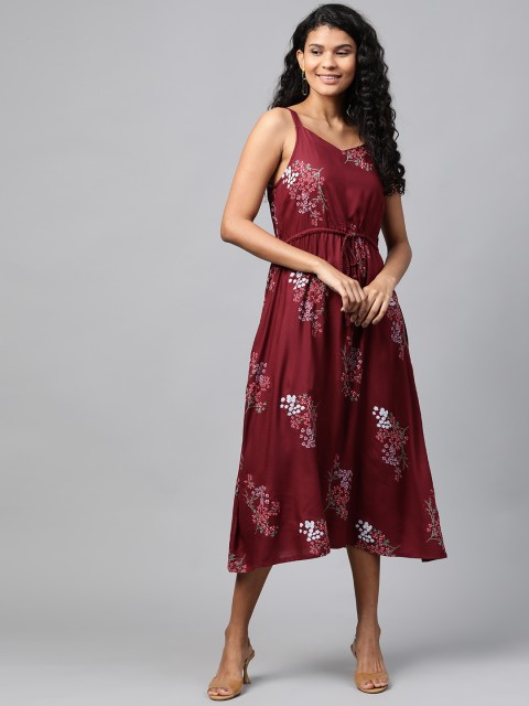 

HERE&NOW Women Maroon & Blue Floral Printed A-Line Dress
