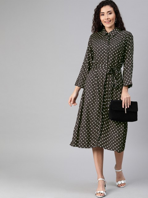

HERE&NOW Women Black & White Polka Dots Printed A-Line Dress