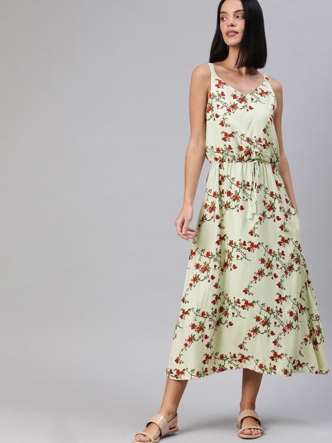 

HERE&NOW Women Cream-Coloured & Red Floral Printed Waist Tie-Ups A-Line Dress