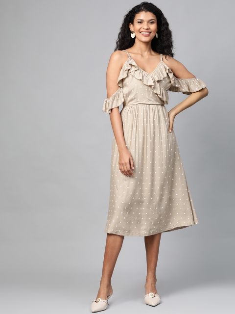 

HERE&NOW Women Beige & White Polka Dots Print Wrap Dress