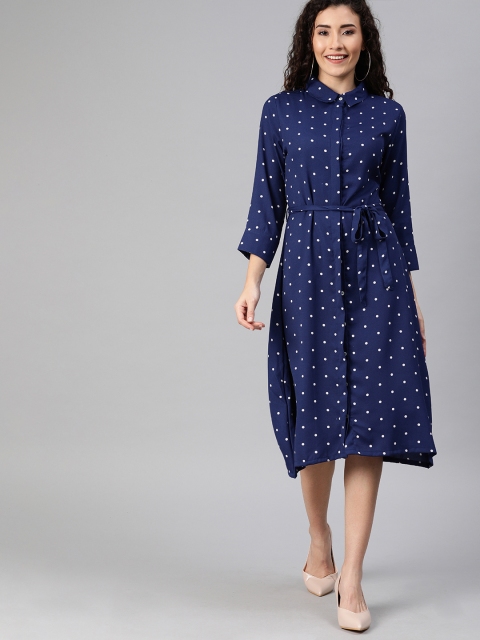 

HERE&NOW Women Blue & White Polka Dots Printed A-Line Dress