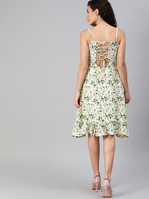 

HERE&NOW Women Beige & Green Floral Printed A-Line Dress with Styled Back