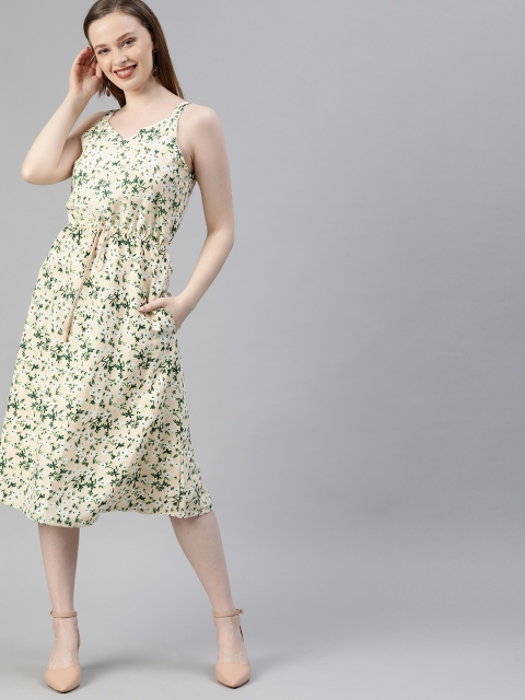 

HERE&NOW Women Beige & Green Floral Printed Waist Tie-Up A-Line Dress with Pocket
