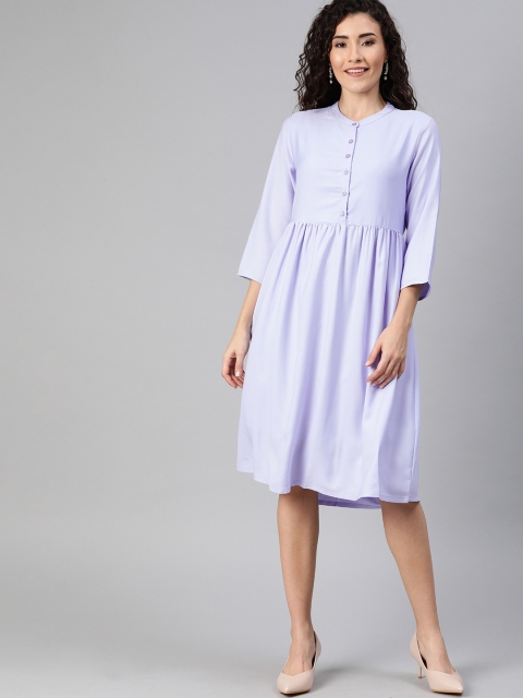 

HERE&NOW Women Lavender Solid A-Line Dress with Gathers