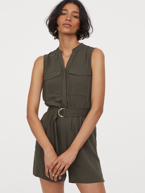 

H&M Women Green Solid V-Neck Playsuit