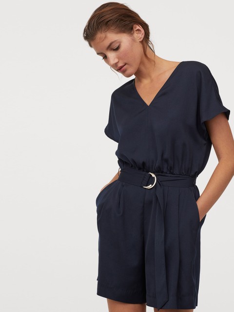 

H&M Women Navy Blue Solid Satin Playsuit