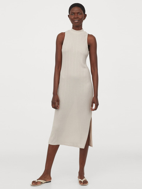 

H&M Women Beige Solid Ribbed Dress