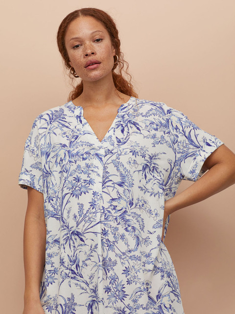 

H&M Women White & Blue Printed V-neck Dress