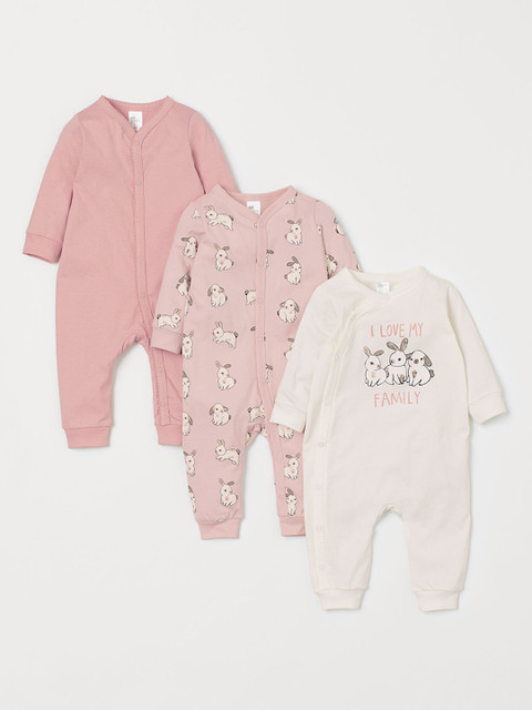 

H&M Kids Multicoloured 3-Pack Cotton Rompers, Pink